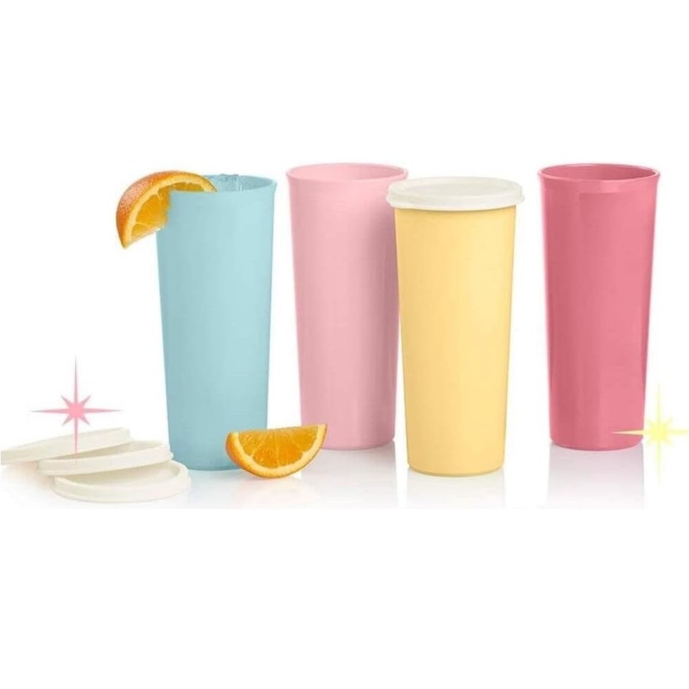 Last Chance- NEW Set of 4 Tupperware Tumblers w Lids 16 oz Solid Pastel Colors